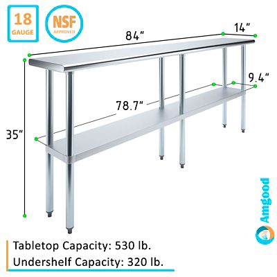 Image showing  14 in. x 84 in. Stainless Steel Table With Shelf
