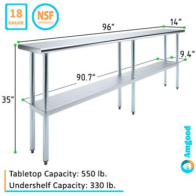 Image showing  14 in. x 96 in. Stainless Steel Table With Shelf