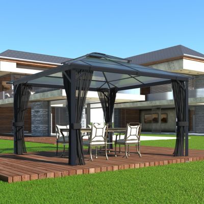 Veikous 12 ft. x 12 ft. Polycarbonate Double Top Gazebo with Gray Curtains and Netting