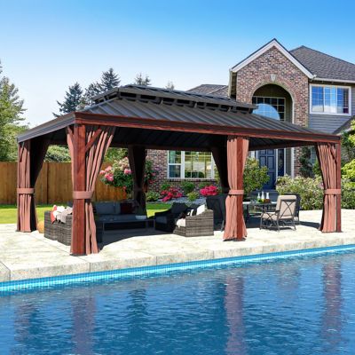 Veikous 20 ft. x 12 ft. Wood Grain Aluminum Hardtop Gazebo Double Roof with Curtains and Netting