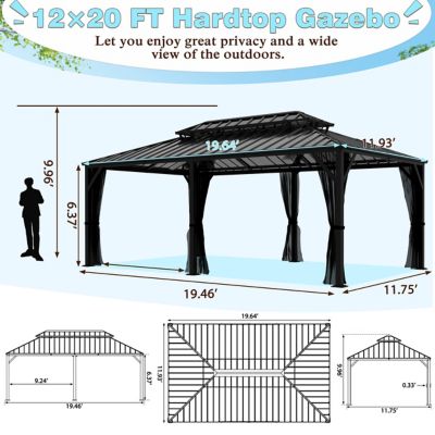 Image showing  20 ft. W x 12 ft. D Aluminum Hardtop Gazebo with Double Roof and Black Netting