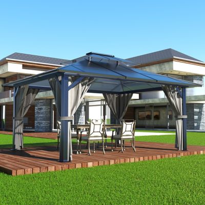 Veikous 13 ft. x 10 ft. Polycarbonate Double Top Gazebo with Gray Curtains and Netting