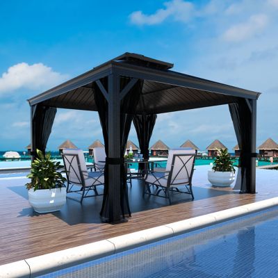 Veikous 12 ft. x 12 ft. Aluminum Double Hardtop Gazebo with Gray Curtains and Netting