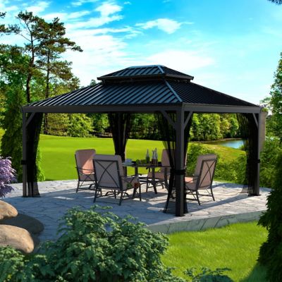 Veikous 12 FT. x 14 FT. Aluminum Double Hardtop Gazebo with Grey Curtains and Netting