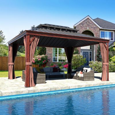 Veikous 16 ft. x 12 ft. Wood Grain Aluminum Double Hardtop Gazebo with Curtains and Netting