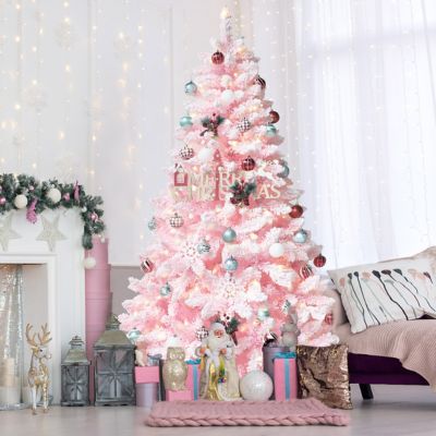 Veikous 6.5 ft. Pre-Lit LED Flocked Artificial Christmas Tree with Warm White Light, Pink