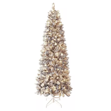 Veikous 5.5ft LED Pre-Lit Artificial Christmas Tree Pencil Flocked with Warm White Light Artificial Christmas Trees