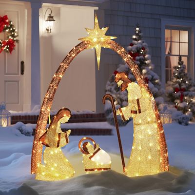 Veikous5 ft. Warm White LED Nativity Set Christmas Holiday Yard Decoration, Gold