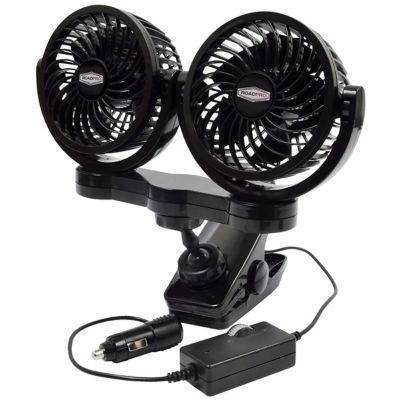 RoadPro 7.1 in. Indoor/Outdoor 12V Truck Dash Fan Dual Personal Cooling Fan with Mounting Clip, 14 CFM