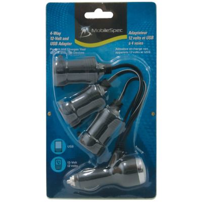 Image showing  12V 4-Way Adapter with USB Port - Cigarette Socket Adapter Vehicle Auxiliary Power Splitter 10 Amp-Black