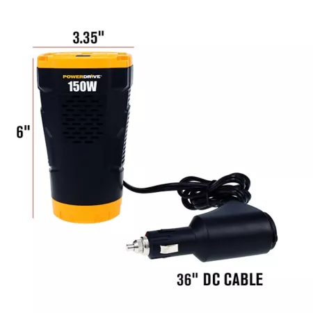 PowerDrive 150W Car Power Inverter Cup Holder 12V DC to 110V AC with 2 Outlets 2 Ports Power Inverters