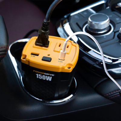 Image showing 5 th PowerDrive Car Power Inverter 150W Cup Holder 12V Dc to 110V AC with 2 Outlets 2 Ports