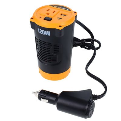 PowerDrive Power Inverter 120W Cup Holder 12V Dc to 110V Ac with Outlet and 2 Ports Cigarette Socket Adapter