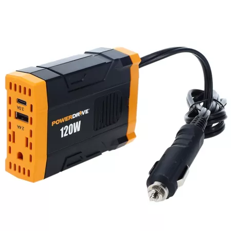 PowerDrive 120W Slim Inverter 12V DC to 110V AC with Outlet and 2 USB Ports Power Inverters