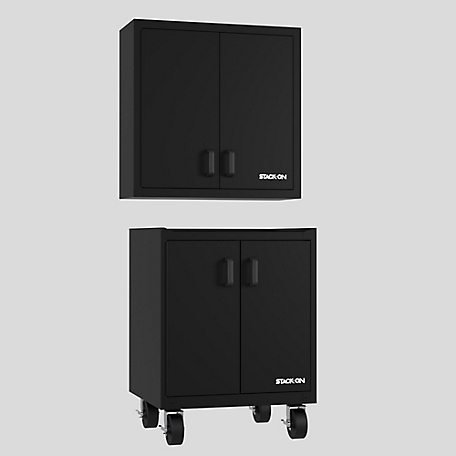 Stack-On Stack On Garage Cabinet Set in Black Finish That Includes: Wall Cabinet and Bottom Cabinet with Drawers, GCBB-7K-DS