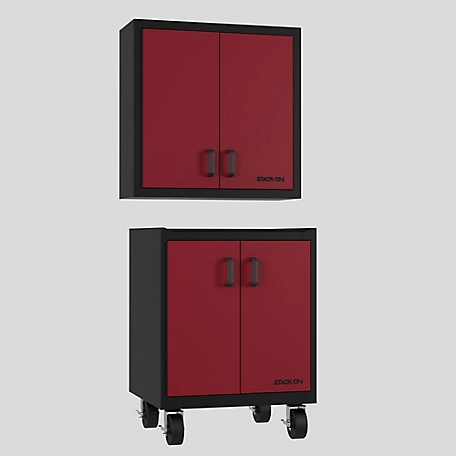 Stack-On Stack On Garage Cabinet Set in Black and Red Finish That Includes: Wall Cabinet and Bottom Cabinet with Drawers