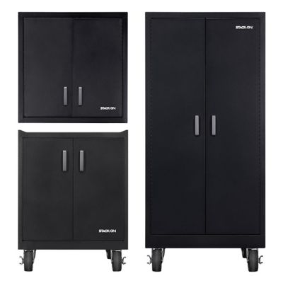 Stack-On Stack On Garage Cabinet Set in Black Finish That Includes: Wall Cabinet, Bottom Cabinet with Shelves and Tall Locker