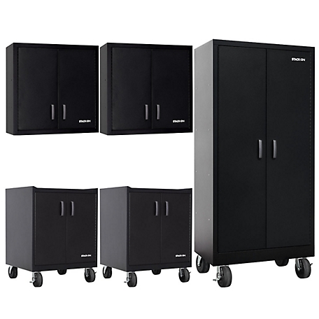 Stack-On Garage Cabinet Set, Black: 2 Wall Cabinets, Base Cabinet w/Drawers and Shelves, Tall Cabinet, GCBB-33K-DS