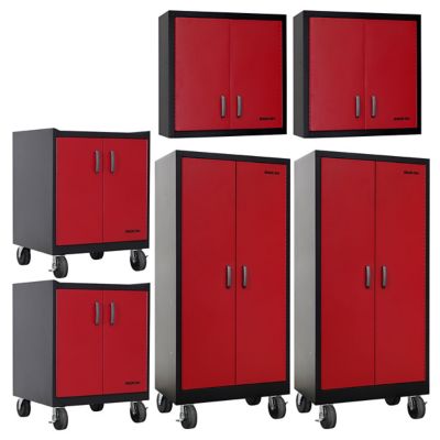 Stack-On Garage Cabinet Set, Black&Red: 2 Wall Cabinets, Base Cabinet w/Drawers & Shelves, 2 Tall Cabinets, GCBR-43K-DS