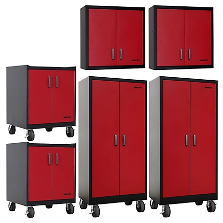 Stack-On Garage Cabinet Set, Black&Red: 2 Wall Cabinets, Base Cabinet w/Drawers & Shelves, 2 Tall Cabinets, GCBR-43K-DS