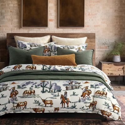Paseo Road by HiEnd Accents Ranch Life Reversible Cream Green Cotton Comforter Set, Horse Longhorn Western Print Bedding