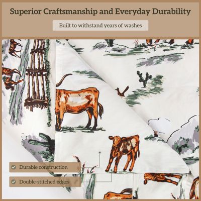 Image showing  Ranch Life Reversible Cream Green Cotton Duvet Cover Set, Horse Longhorn Western Print Bedding