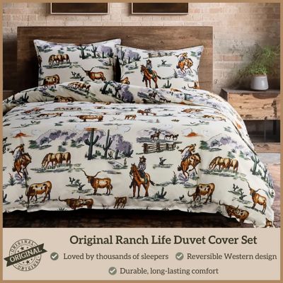Image showing  Ranch Life Reversible Cream Green Cotton Duvet Cover Set, Horse Longhorn Western Print Bedding