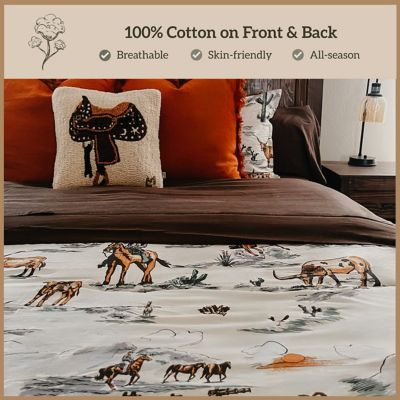 Image showing  Ranch Life Reversible Cream Green Cotton Duvet Cover Set, Horse Longhorn Western Print Bedding
