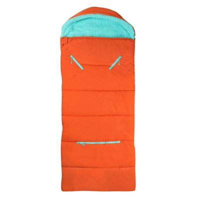 mimish Sleep-n-pack: Packable Sleeping Bag, Big Kid 7-12+ yrs - Orange Oasis/Turquoise Sherpa
