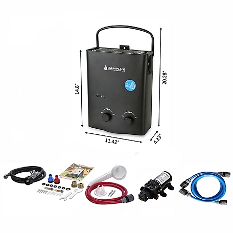 Camplux 1.32 GPM Outdoor Portable Propane Tankless Water Heater with Water Pump Kit, Black