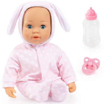 Bayer Design First Words Baby: Anna Pink Bunny 24 Sounds 15 in. Doll with Pacifier & Bottle, Sleeping Eyes