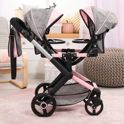 Image showing  Dolls: Xeo Twin Pram: Matching Handbag, Grey/Pink