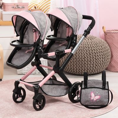 Image showing  Dolls: Xeo Twin Pram: Matching Handbag, Grey/Pink