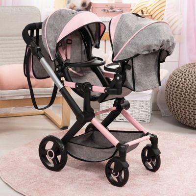 Image showing  Dolls: Xeo Twin Pram: Matching Handbag, Grey/Pink