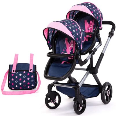 Bayer Design Dolls: Xeo Twin Pram: Matching Handbag, Navy/Pink