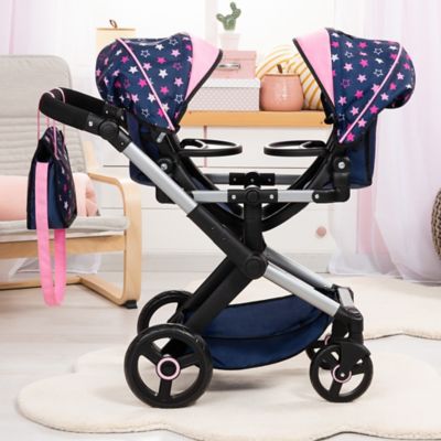 Image showing  Dolls: Xeo Twin Pram: Matching Handbag, Navy/Pink