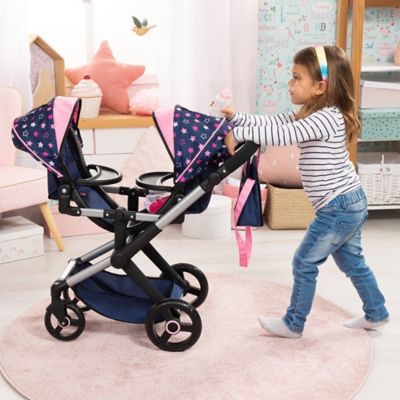 Image showing  Dolls: Xeo Twin Pram: Matching Handbag, Navy/Pink