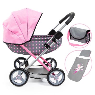 Bayer Design Dolls: Pram Cosy: Fairy Poka Dot Grey Pink - Includes Blanket+Pillow+Handbag