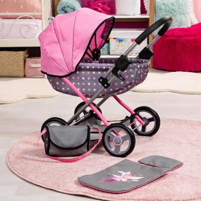Image showing 5 th Bayer Design Dolls: Pram Cosy: Fairy Poka Dot Grey Pink - Includes Blanket+Pillow+Handbag