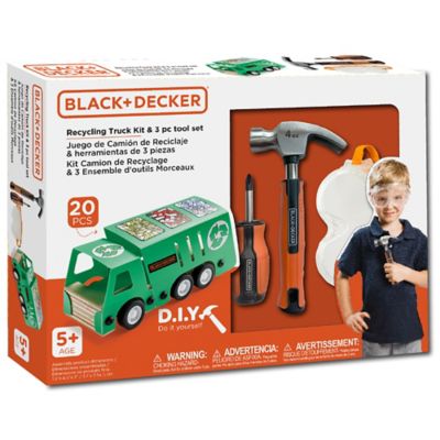 Black & Decker DIY Recycling Bus Kit and three piece pretend play toolset made for kids hands