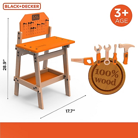Black & Decker And Kids Workbench and Six pc. Wooden Tool Set for Girls'  and Boys, Pretend Play Construction Tools, WWB002-BD
