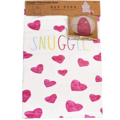 Rae Dunn Snuggle Kids Hooded Towel & 12 in. Beach Ball - Hearts 48 in. x 24 in. Poncho