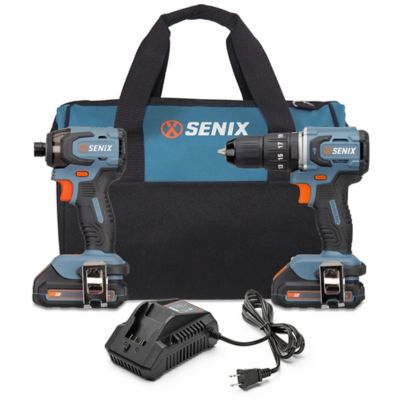 Senix 20V Max* 1/2 in. Cordless Brushless Combo, 1/2 in. Hammer Drill, 1/4 in, Impact Driver, Batteries, Charger & Bag