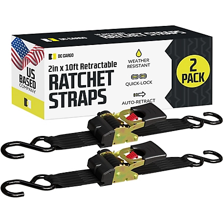 DC Cargo Auto-Retract Ratchet Strap with S-Hooks, 2"x10', 2-pack