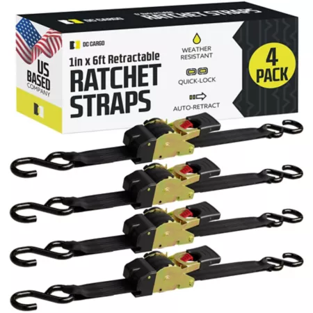 DC Cargo 1 in x 6 in 500 lb Capacity Auto Retract Ratchet Straps with S-Hooks 4 Pack Tie Down Anchors