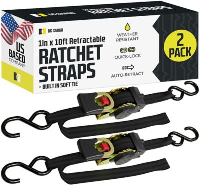 DC Cargo Auto-Retract Ratchet Strap with S-Hooks, Integrated Soft Loop, 1"x10', 2-pack