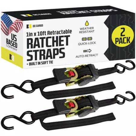 DC Cargo 1 in x 10 in 400 lb Capacity Auto Retract Ratchet Straps with S-Hooks Built-in Soft Loop 2 Pack Tie Down Anchors