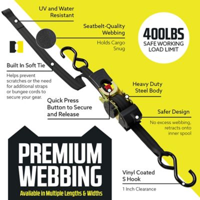 Image showing  1 in. x10 in. 400 lb. Capacity Auto-Retract Ratchet Straps with S-Hooks, Integrated Soft Loop, 2-Pack