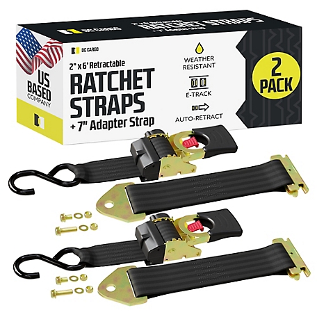 DC Cargo Bolt-On Auto-Retract Ratchet Strap with E-Track Adapter, 2"x6', 2-pack