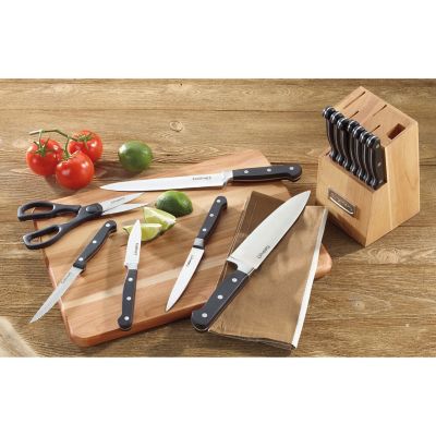 Image showing  Advantage 14 Pc. Triple-Rivet Cutlery Set and Wood Storage Block - Black Handles